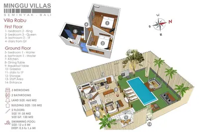 a floor plan of a villa with a swimming pool at 3BR Villa Rabu - Minggu Villas Seminyak in Seminyak