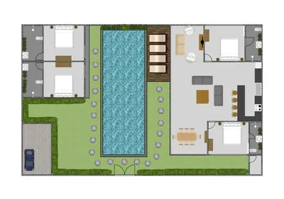 a floor plan of a villa with a swimming pool at Villa Tinn Tamm by Optimum Bali Villas in Seminyak
