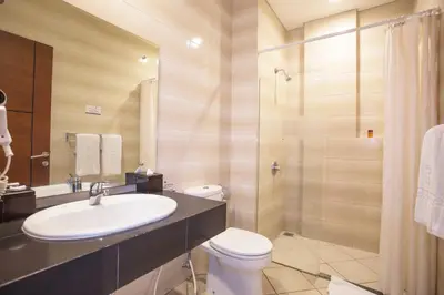 a bathroom with a sink and a toilet and a shower at Kuta Central Park Hotel in Kuta