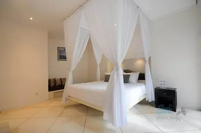 a bedroom with a canopy bed with white curtains at Villa Seminyak William in Seminyak