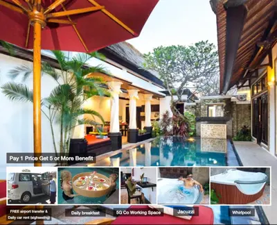 a collage of photos of a house with a swimming pool at Villa Cantik Tresna in Seminyak