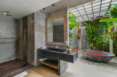 a bathroom with a large sink and a tub at Lavish 5 Bed, Sleeps 10, Butler, Daily Breakfast in Canggu