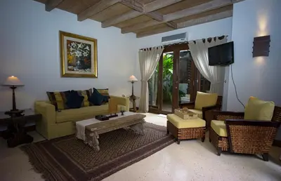 a living room with a couch and a tv at D'Sriwing Villa Gallery in Kuta