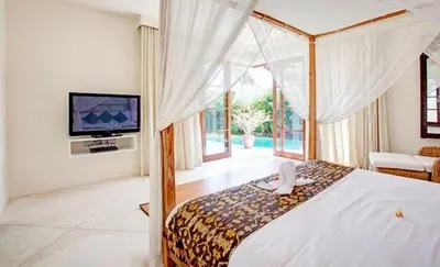a bedroom with a canopy bed and a television at Villa Sahaja in Canggu