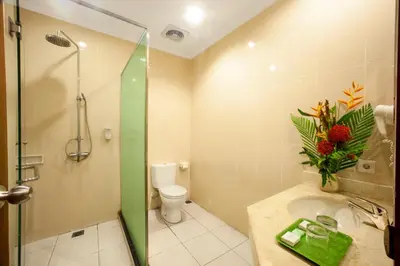 a bathroom with a shower and a sink and a toilet at Restu Bali Hotel in Legian