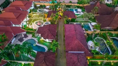 an overhead view of a resort with a swimming pool at Bali Dyana Villas in Seminyak