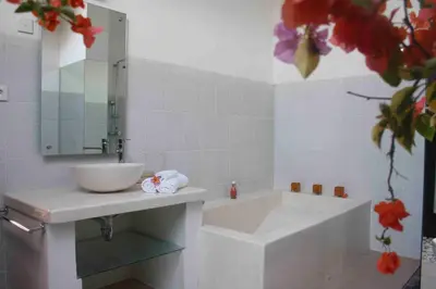 a bathroom with a sink and a bath tub at Villa Marick in Seminyak