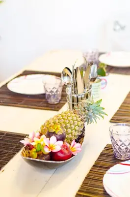 a plate of fruit sitting on a table at Villa Salya - 3BR - Private Pool - 1min walk to La Favela! in Seminyak