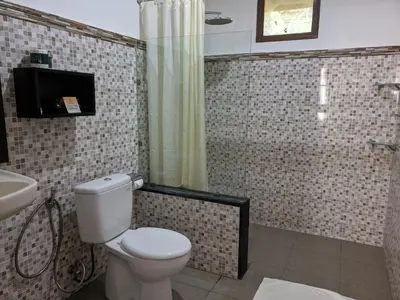 a bathroom with a toilet and a sink and a shower at Satriya Cottages in Kuta