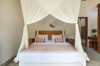 a bedroom with a white canopy bed with pillows at Villa Cinta Umalas in Canggu