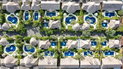 an overhead view of a neighborhood of houses at Impiana Private Villas Seminyak in Seminyak