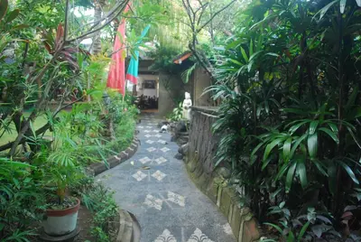 a garden with plants and a walk way at Hotel Sorga Cottages in Kuta