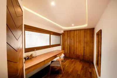 a bathroom with a wooden counter and a window at Luxury Villa Seminyak near beach and Potato Head in Seminyak