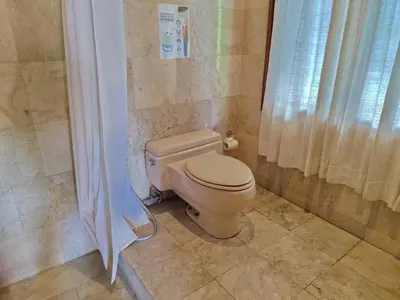 a bathroom with a toilet with a shower curtain at Villa Diana Bali in Legian