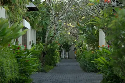 a walkway with trees and plants in a building at Berry Amour Romantic Villas in Seminyak