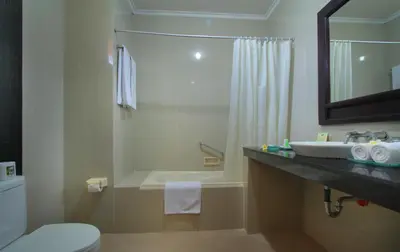 a bathroom with a sink and a shower and a toilet at Adi Dharma Hotel Legian in Legian