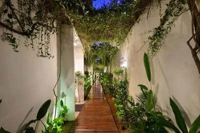 an alleyway with plants on the side of a building at The Luxury Collection, Monaco Blu in Seminyak