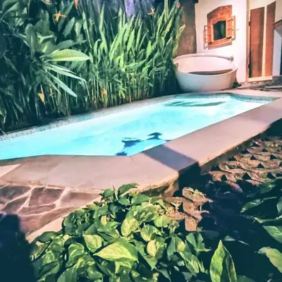 a swimming pool in a garden with plants at Villa BAgus - near Seminyak beach & trendy shops, restaurants, cafes in Seminyak