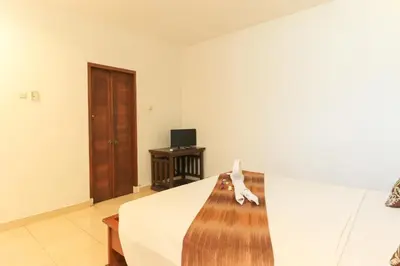 a room with a bed and a table with a television at Ayu Lili Garden Hotel Kuta in Kuta