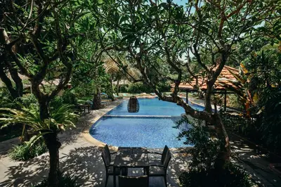 a swimming pool with two chairs and trees in a yard at Three Brothers Bali Legian Bungalows & Villas in Legian