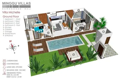 a floor plan of a house with a swimming pool at 2BR Villa Michelle - Minggu Villas - Special Stay Bonus in Kerobokan