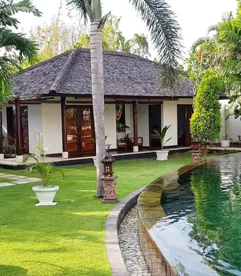 a house with a palm tree and a swimming pool at Villa Maharaj in Seminyak
