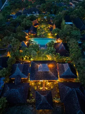 an aerial view of the resort at night at Villa Jasli in Canggu