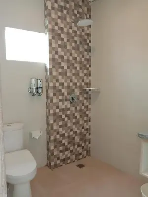 a bathroom with a shower with a toilet and a sink at Tirtha Khayangan in Canggu
