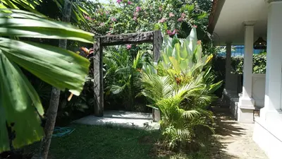a garden with a wooden gate and some plants at Endless Summer Surf Camp Kuta in Kuta
