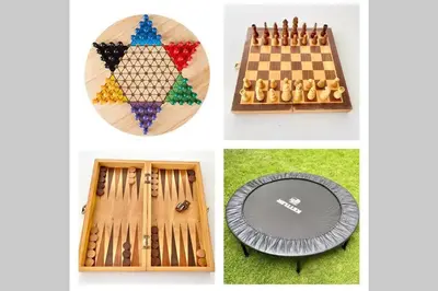 a collage of four pictures of chess and a board at Villa Lola in Seminyak