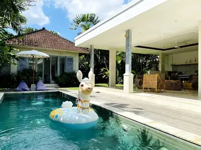 a bunny riding on an inflatablelatable limbo at Villa Biru - 500m Batubelig beach in Canggu