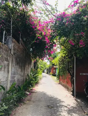 an alley with pink flowers on a wall at Luka Villas - Luxury 2 Bedroom Private Pool Villa in Seminyak