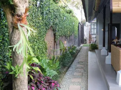an ivy covered wall next to a walkway at Miracle Villa Sanur in Sanur