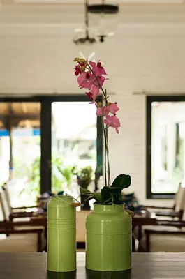 two green vases with flowers in them on a table at The Indies Estate in Sanur