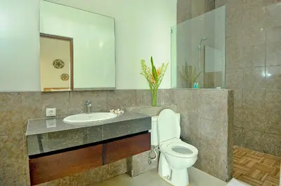a bathroom with a sink and a toilet and a mirror at Villa Casey in Seminyak