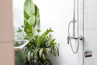 a bathroom with a shower with plants in it at Villa Sintra - 2 BR luxury in tranquil location, walk to beach in Seminyak