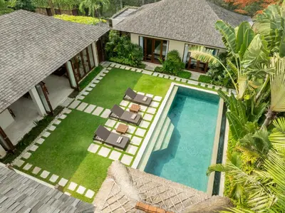 an aerial view of a villa with a swimming pool at The Suar Seminyak by Nakula in Seminyak