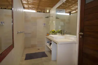 a bathroom with a sink and a shower with a mirror at Villa Elleo in Seminyak