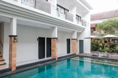 an external view of a villa with a swimming pool at Guyana Hotel in Kuta