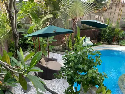 a garden with a pool and umbrella and plants at Umah Kita in Seminyak