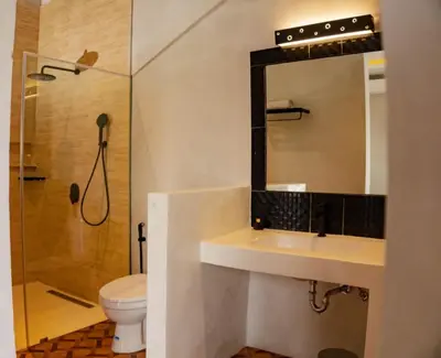 a bathroom with a sink and a shower and a toilet at Berawa Homestay in Canggu