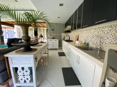 a kitchen with a sink and a counter with a plant at Villa Dharsan in Seminyak