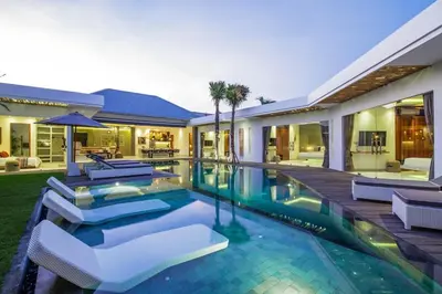 an image of a swimming pool in a house at Luxurious 6 Br in Canggu 400m to Finns Beach in Canggu