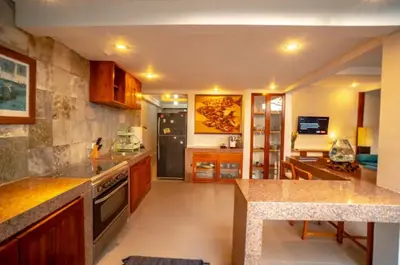 a kitchen with a stove and a counter top at Villa Jado 2 - 3 Bedroom Villa With Private Pool in Kerobokan